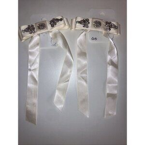 Icing 2 Piece Hair Ivory Rhinestone Studded Satin Long Tail Hair Bow Clip